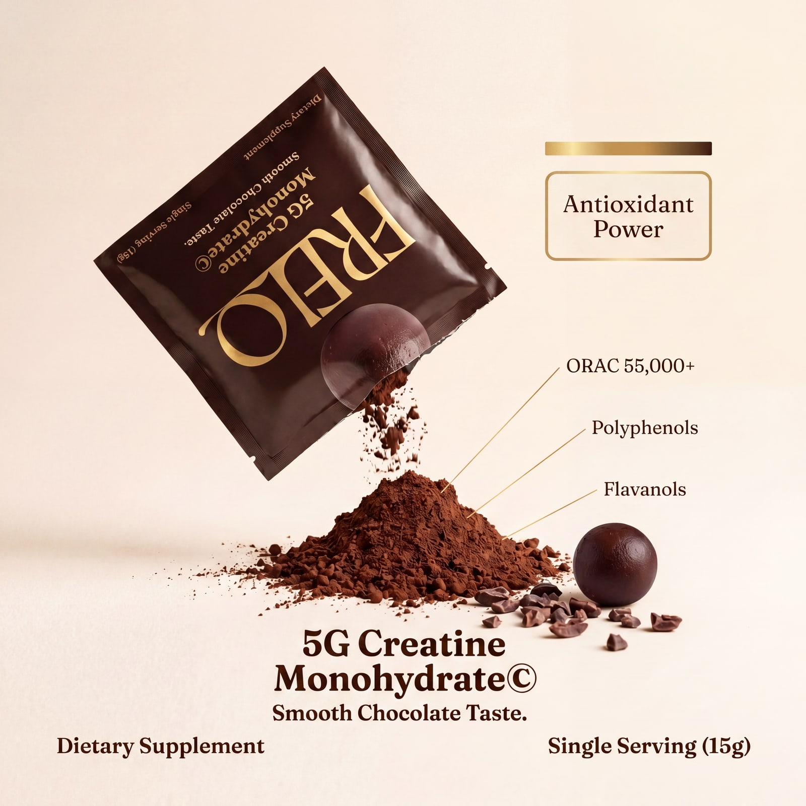 Frelo sachet pouring rich Dutch-processed cocoa, our real Frelo dark chocolate ball emerging — antioxidant power, ORAC 55,000+, polyphenols, flavanols