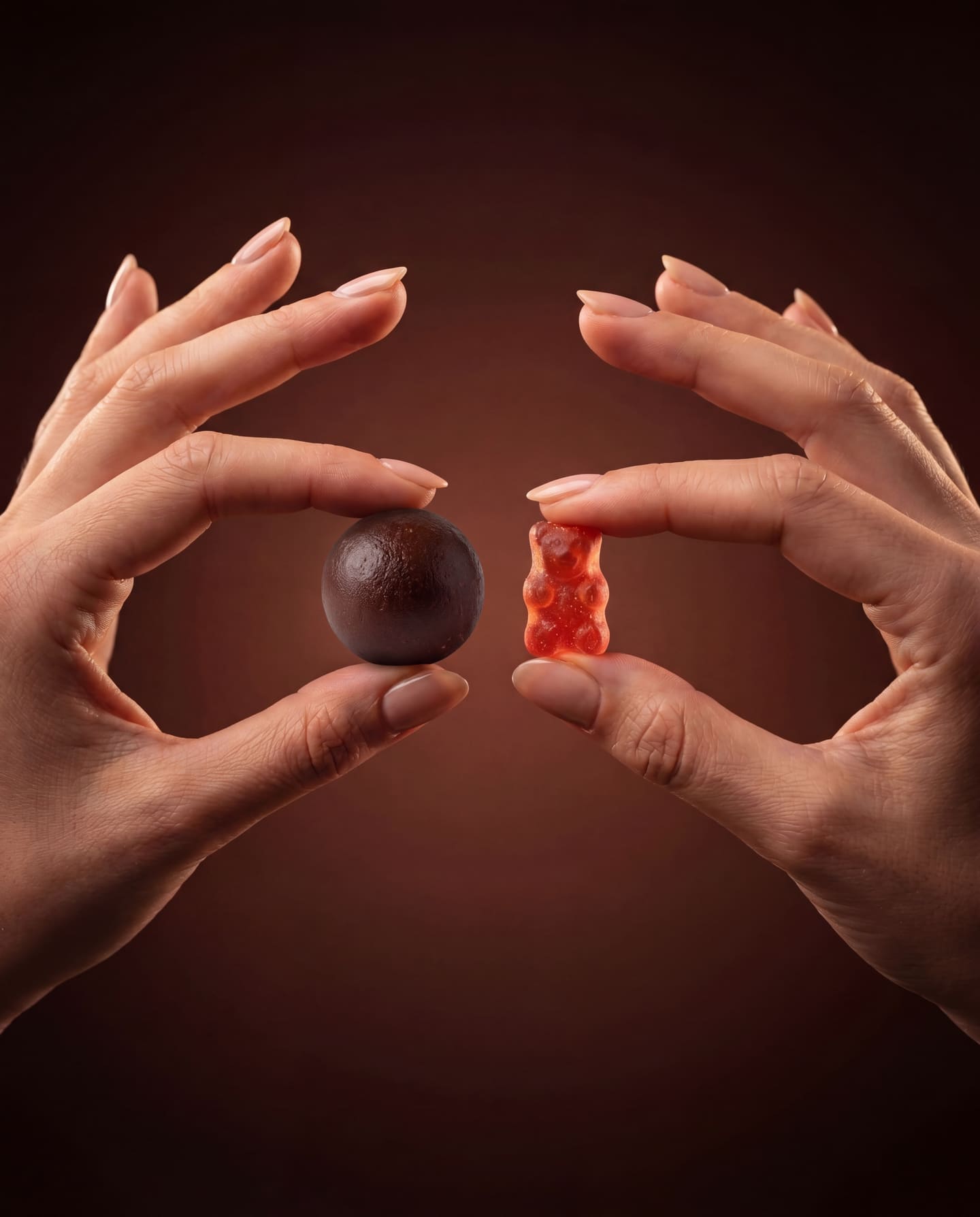 Frelo chocolate ball vs creatine gummy bear — held by two women's hands in a brown studio